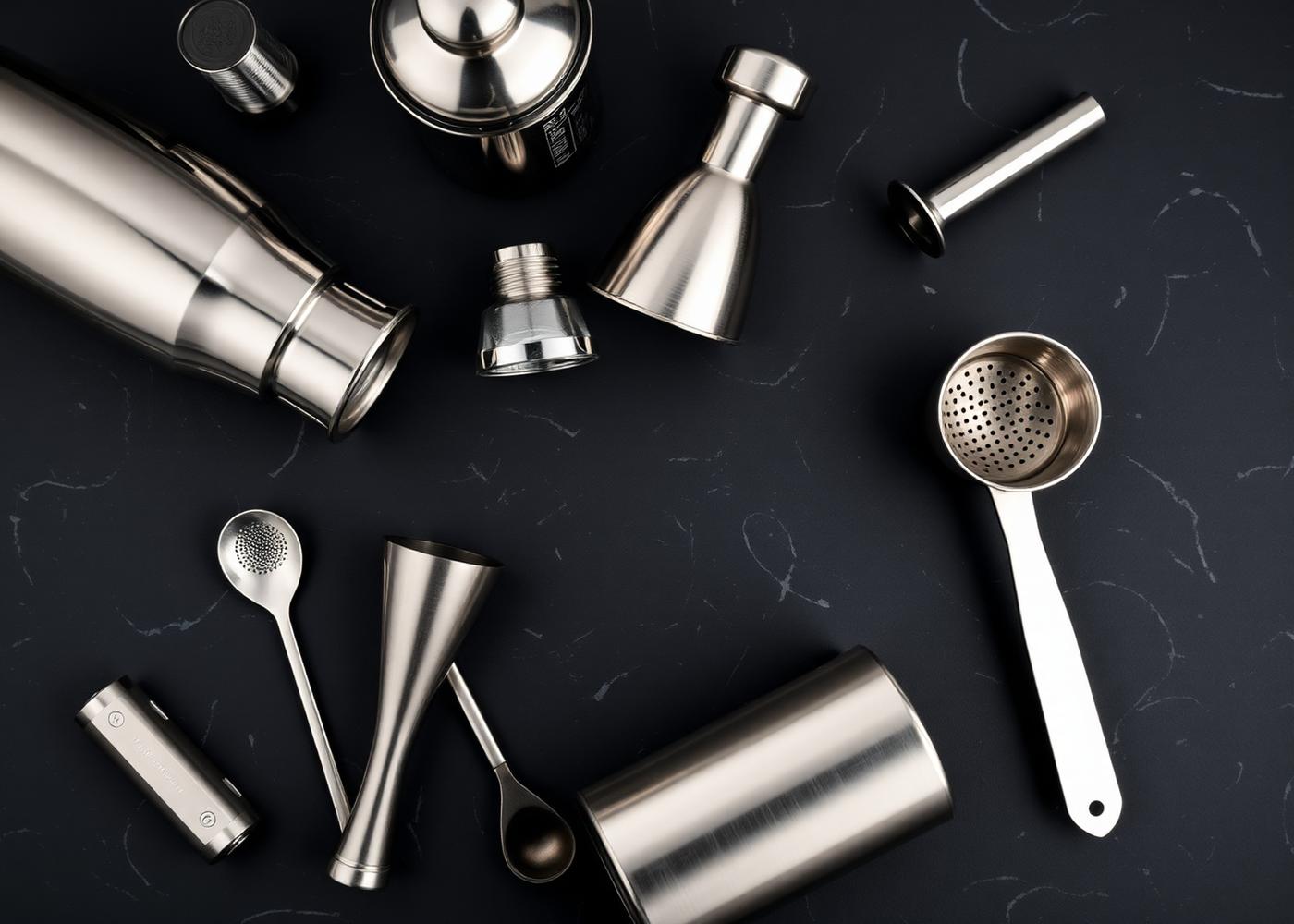 Professional bartending tools including shakers, jiggers, bar spoons and strainers